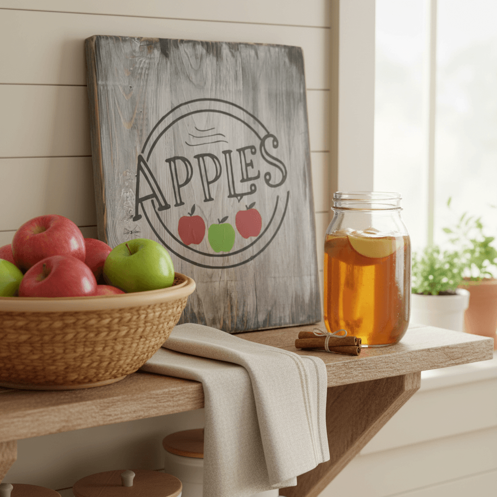 Apples sign - farmhouse kitchen counter scene