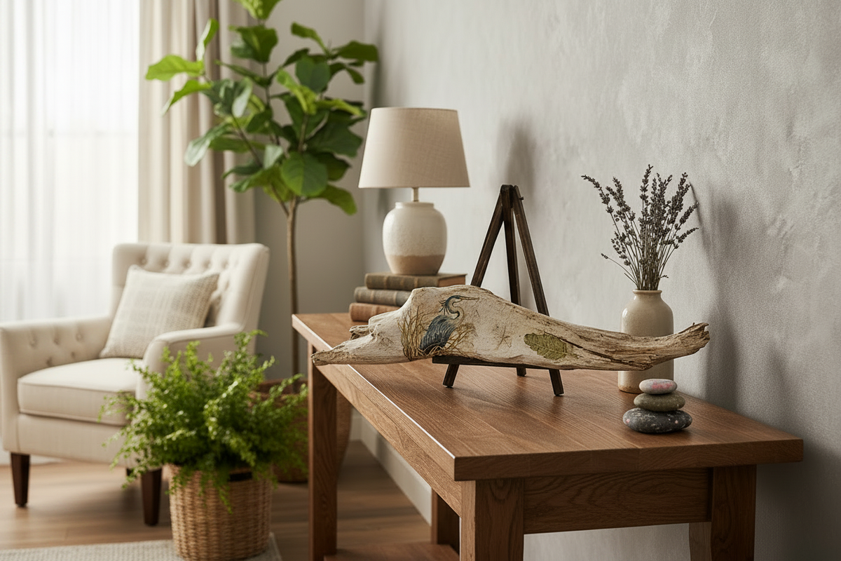 Great Blue Heron Driftwood Art – Lifestyle Setting
