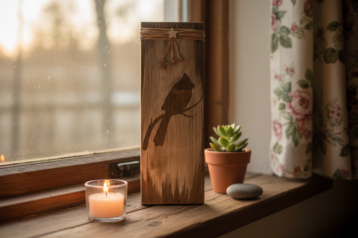 Small cardinal barn wood plank sign displayed as petite accent piece on cottage shelf with tea light succulent and river stone