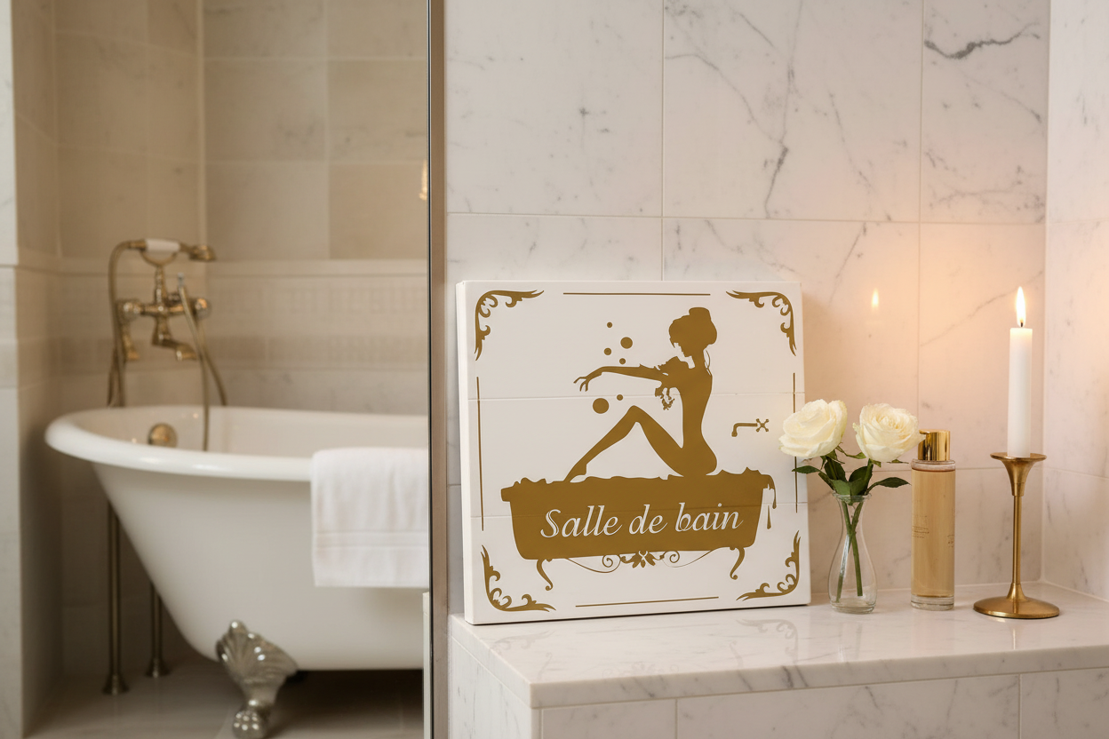 Salle de bain white wood sign with gold silhouette leaning on a marble bathroom shelf with white roses, bath oil, and a lit candle