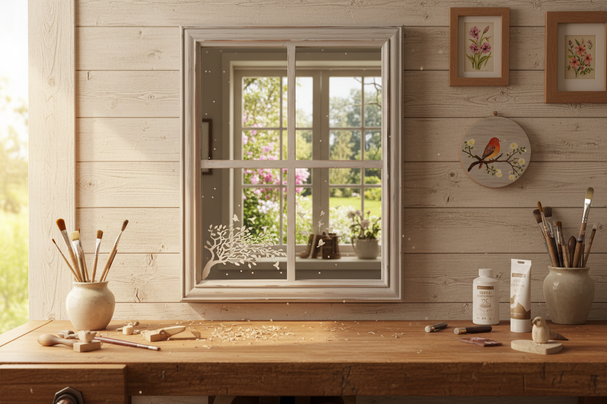 Rustic Window Mirror with White Tree