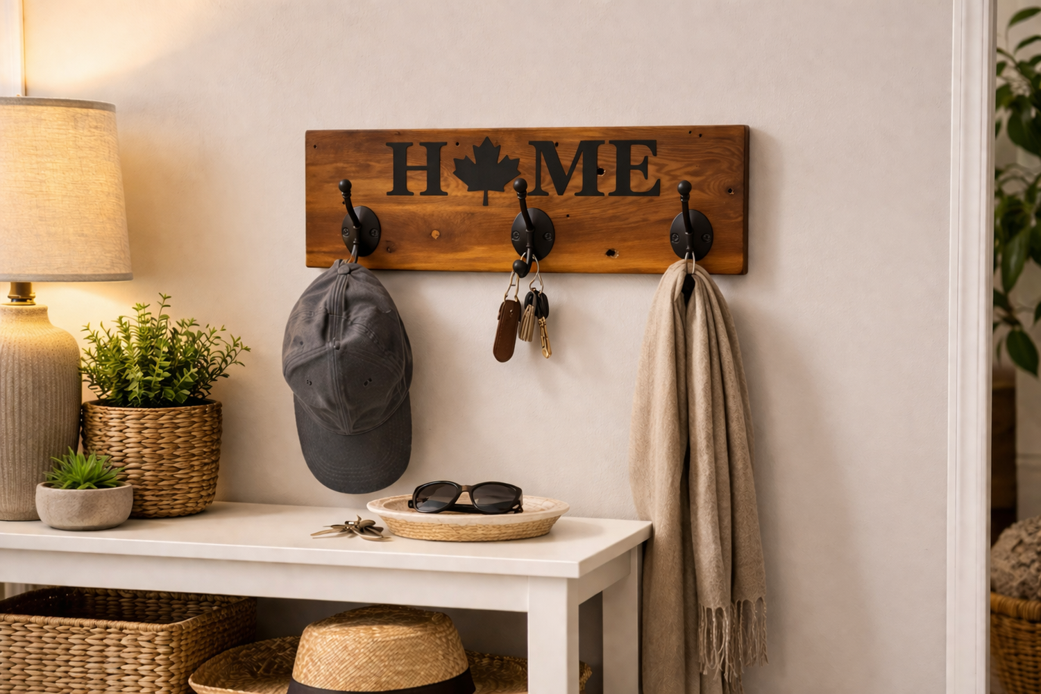 Rustic wood HOME coat hook board with maple leaf, styled in a warm Canadian entryway