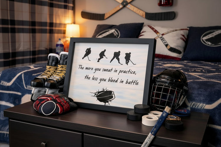 Handcrafted hockey quote wood sign styled in a hockey-themed bedroom with skates and helmet
