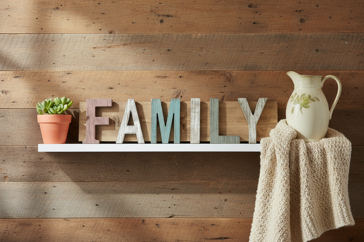 Rustic wood FAMILY letter sign styled on a shelf against a reclaimed wood wall
