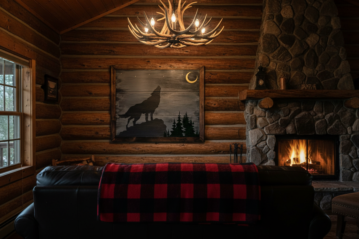Handcrafted reclaimed wood wolf howling at moon wall art displayed in a rustic Canadian log cabin