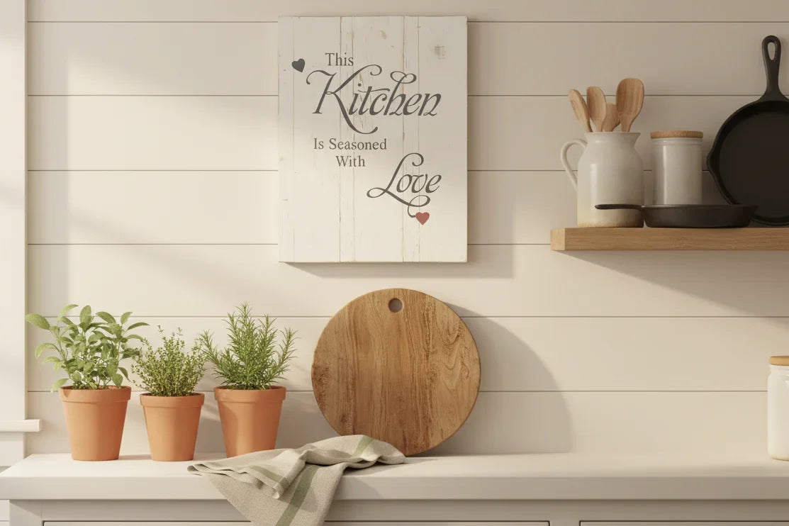 Rustic wood kitchen sign reading "This Kitchen Is Seasoned With Love" styled in a bright farmhouse kitchen