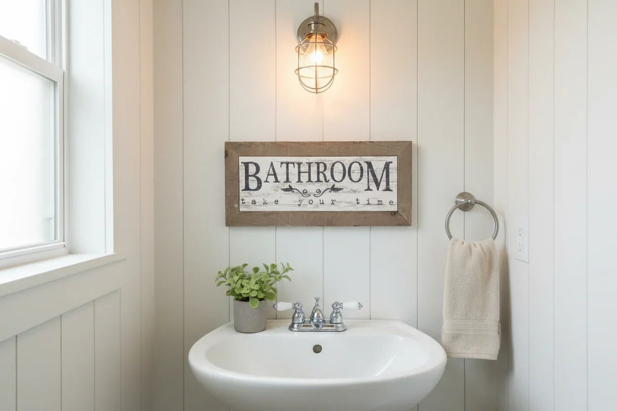 Rustic wood framed bathroom sign reading "Bathroom Take Your Time" above a pedestal sink in a bright shiplap bathroom