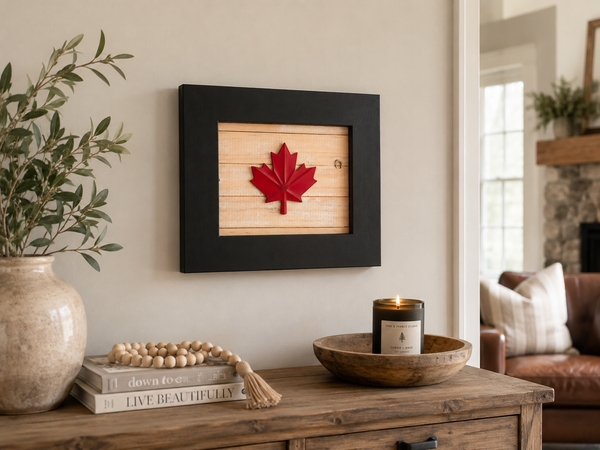 Reclaimed wood Canadian maple leaf wall art with black frame, styled above a rustic console table in a warm cottage living room