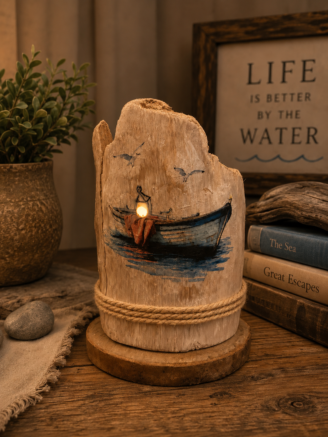 Driftwood rowboat decoupage sculpture with hand-painted fishing boat scene, glowing lantern, seagulls, and rope accent on a natural wood base