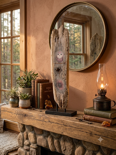Handcrafted driftwood owl sculpture on black metal stand displayed on a rustic wood console table