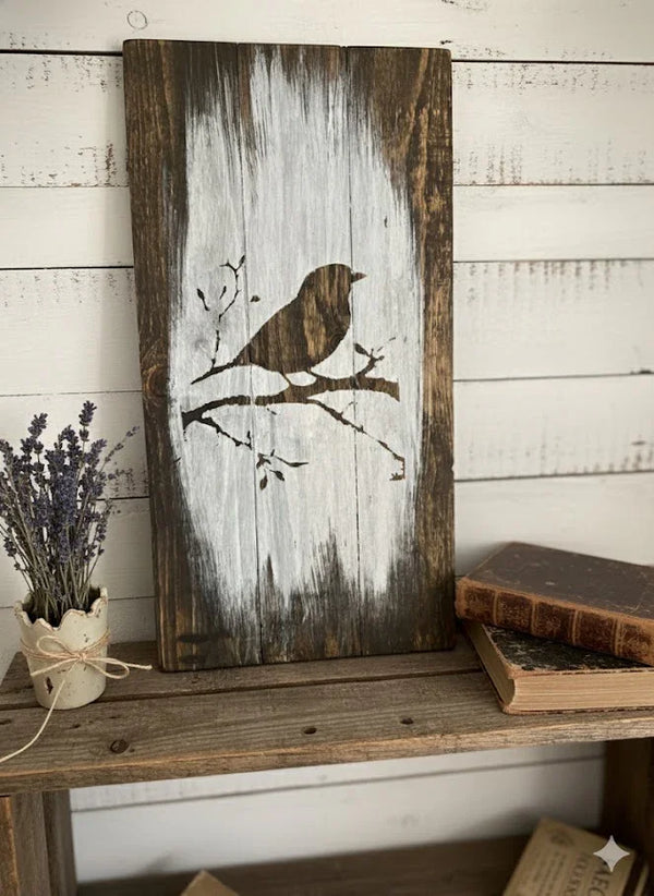 Bird on a Branch Rustic Wood Plank Sign
