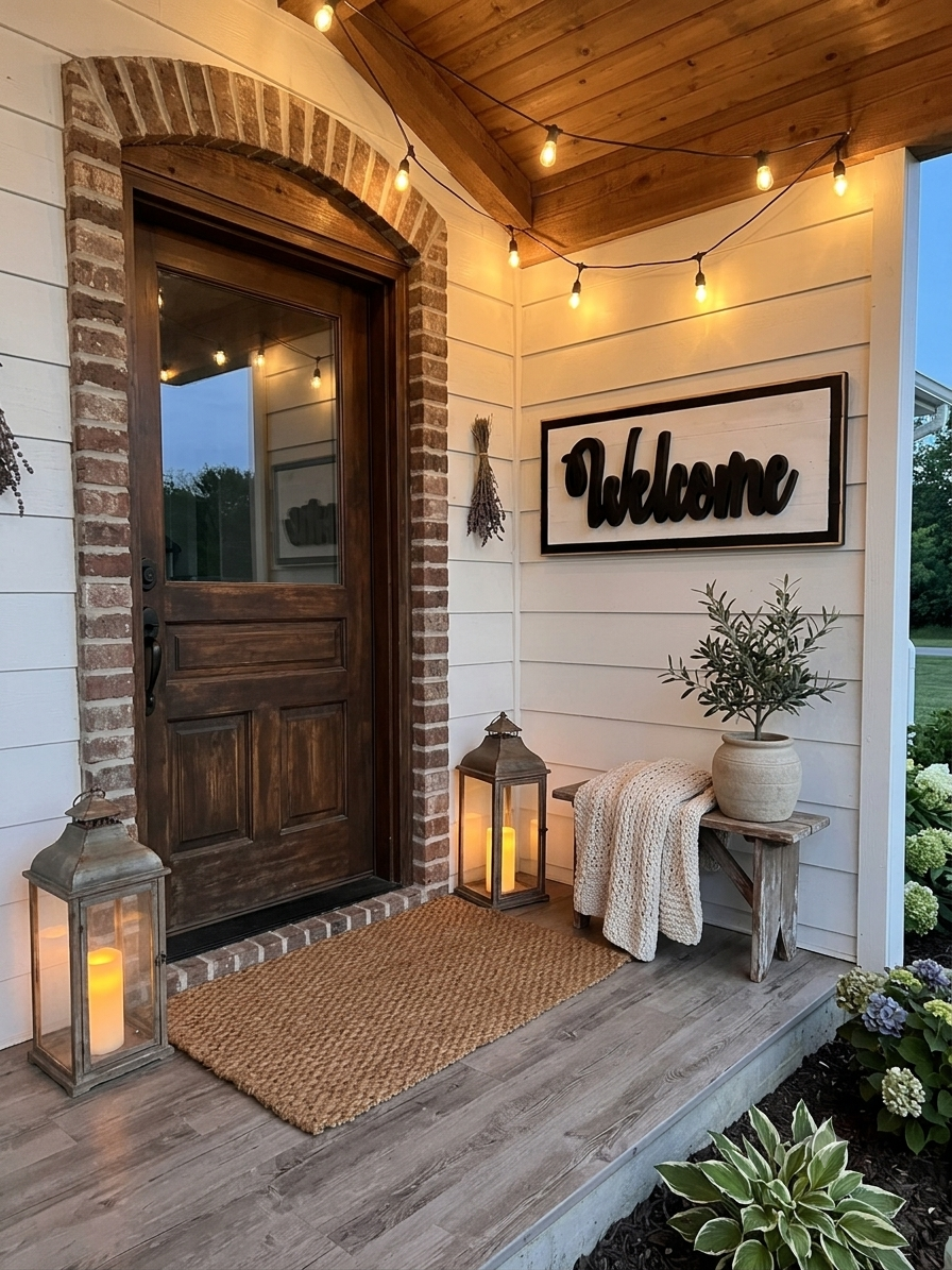 Rustic welcome sign displayed on a farmhouse front porch with lanterns and string lights