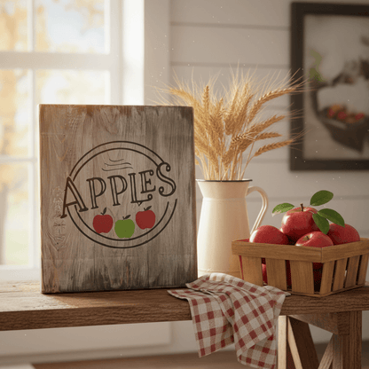 Apples sign - autumn harvest farmhouse shelf scene