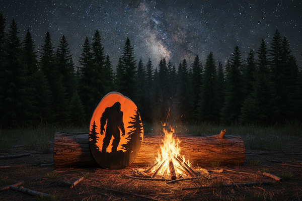 Bigfoot Sunset Live-Edge Wood Slice Art - Campfire Scene