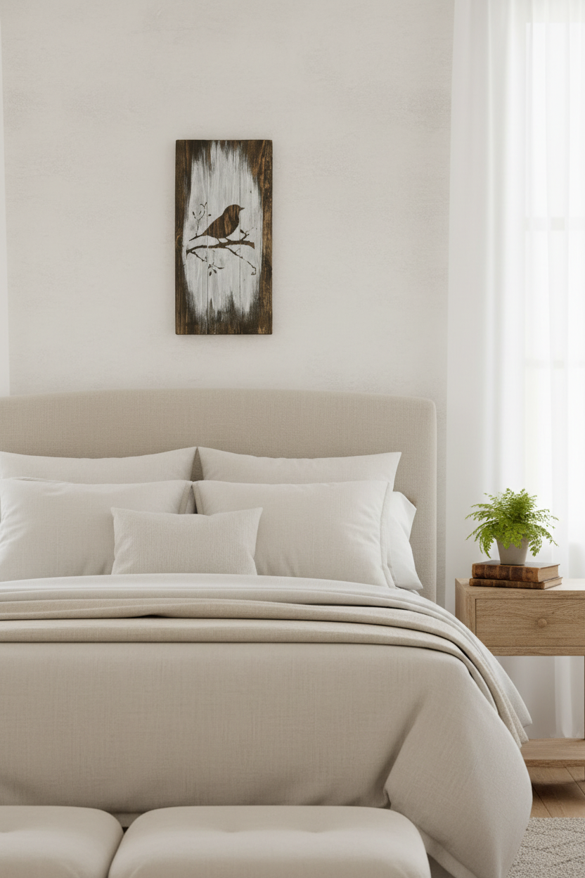 Bird on Branch Wood Art — Bedroom Setting
