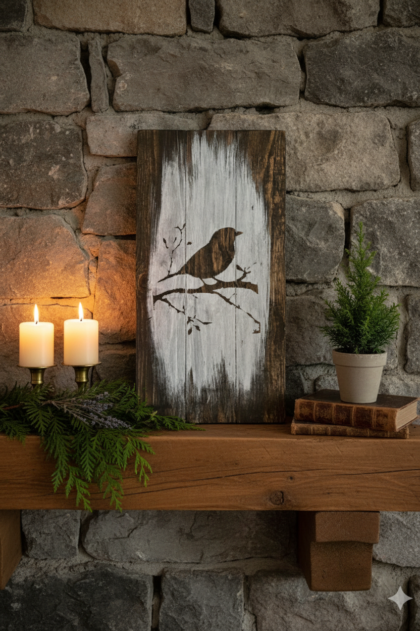 Bird on Branch Wood Art — Mantle Setting