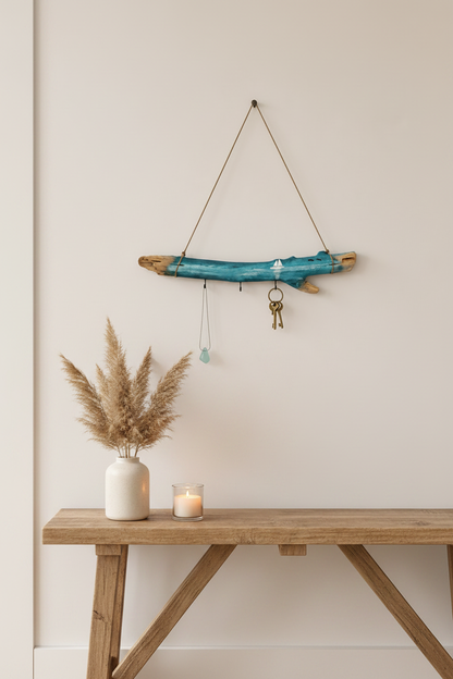 Driftwood Sailboat Hanger – Living Room Evening Scene