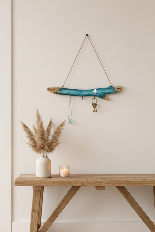 Driftwood Sailboat Hanger – Living Room Evening Scene