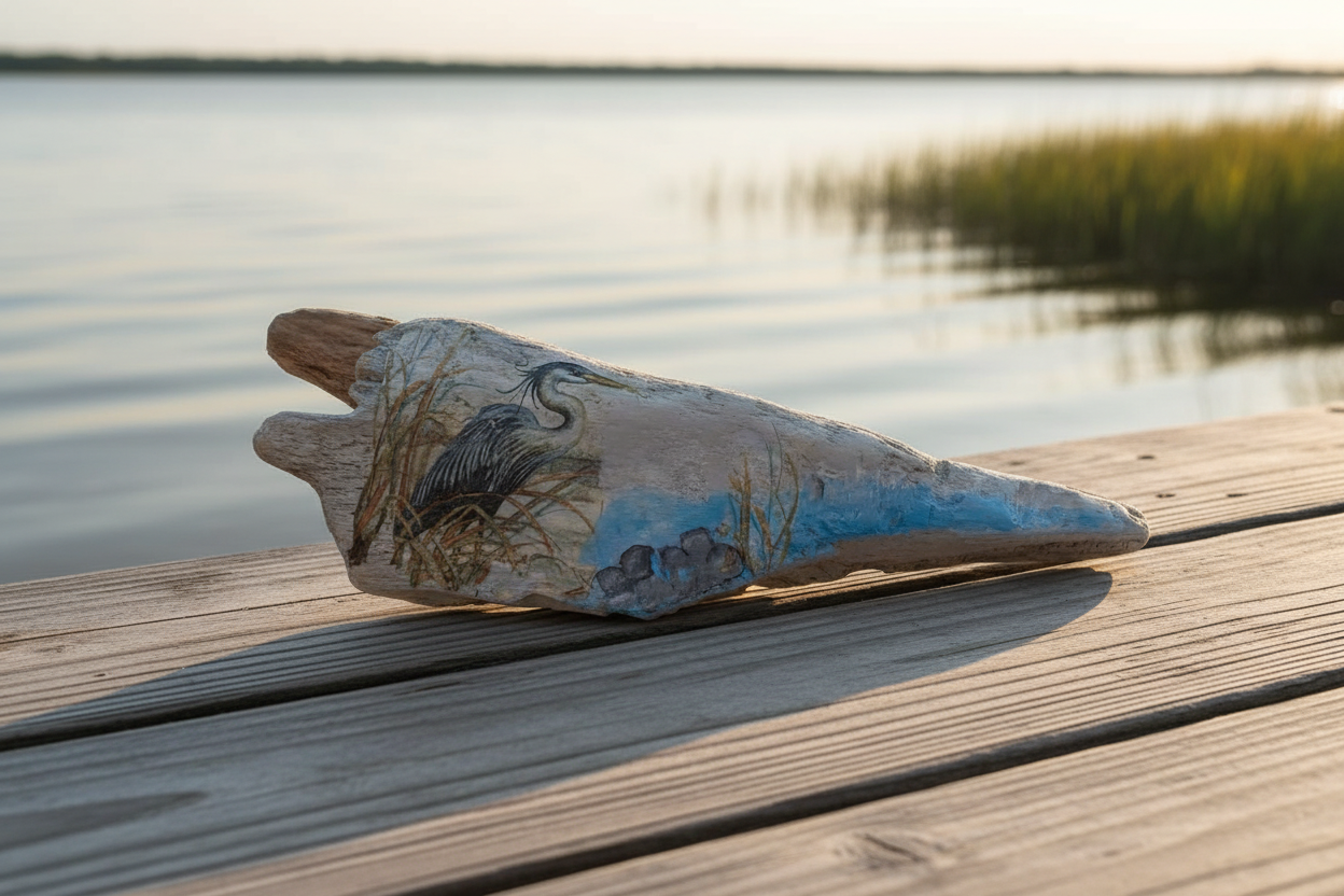 Heron Driftwood Art - Golden Hour Outdoor Setting