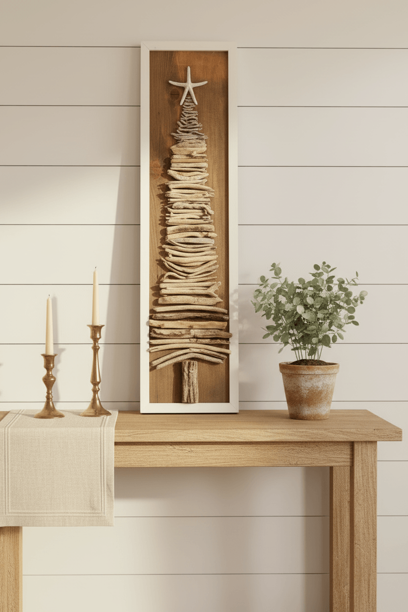 Driftwood  tree sign with starfish topper displayed in a cozy cottage setting
