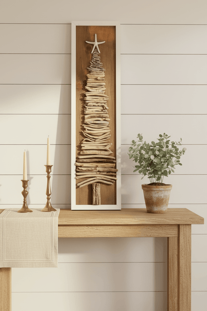 Driftwood  tree sign with starfish topper displayed in a cozy cottage setting