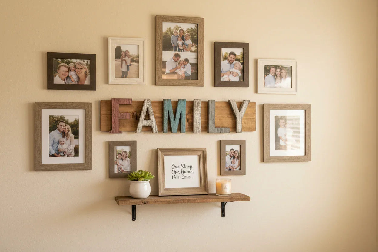 FAMILY rustic wood letter sign displayed on farmhouse wall surrounded by family photos and wooden shelf with candle and succulent