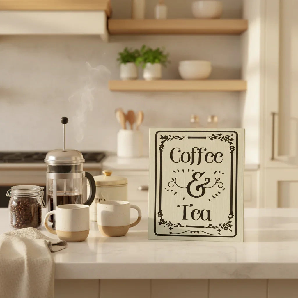 Coffee and Tea sage green wood counter sign styled on kitchen counter with French press ceramic mugs and tea tin