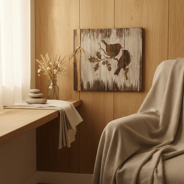 Two birds on oak branch rustic wood sign styled in warm cottage living room with dried wildflowers and linen textures