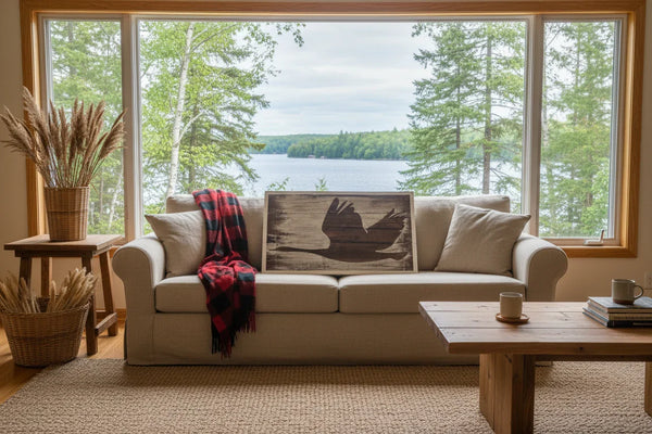 Canadian Goose framed wood art displayed in cottage living room with lake view linen sofa and dried cattails