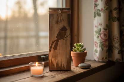 Small cardinal barn wood plank sign displayed as petite accent piece on cottage shelf with tea light succulent and river stone