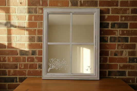 Rustic distressed grey window-frame mirror with white decorative tree, brick wall background with minimal room reflection