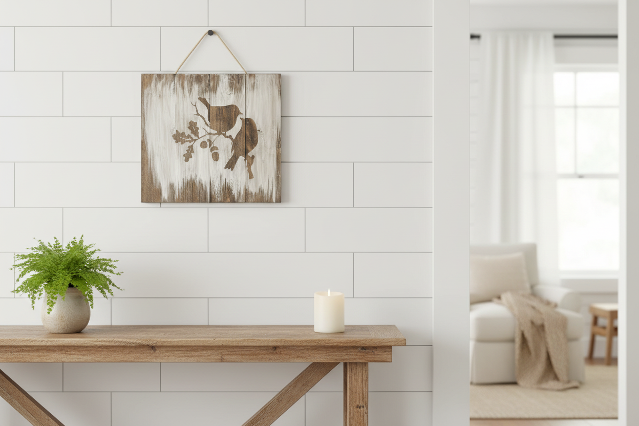 Two birds on oak branch rustic whitewashed wood sign mounted on white shiplap wall above console table with potted fern and pillar candle