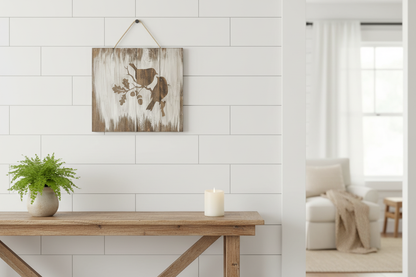 Two birds on oak branch rustic whitewashed wood sign mounted on white shiplap wall above console table with potted fern and pillar candle