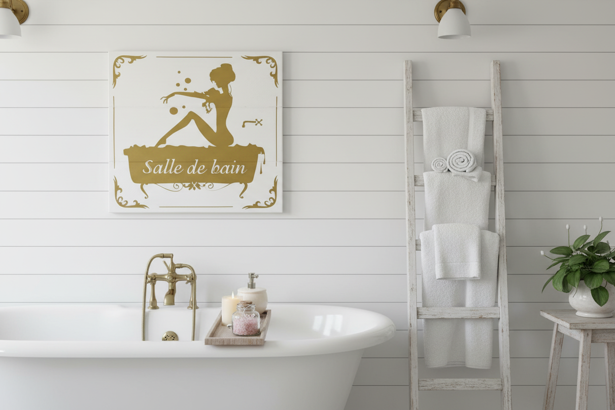 Salle de bain white wood sign with gold silhouette hung on shiplap wall in elegant cottage bathroom with clawfoot tub and fluffy towels