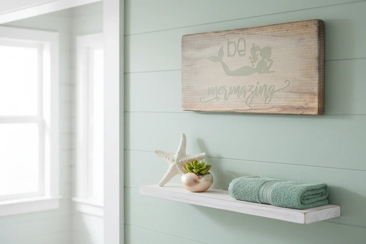 Be mermazing driftwood sign displayed in coastal bathroom with starfish succulent and seafoam green accents