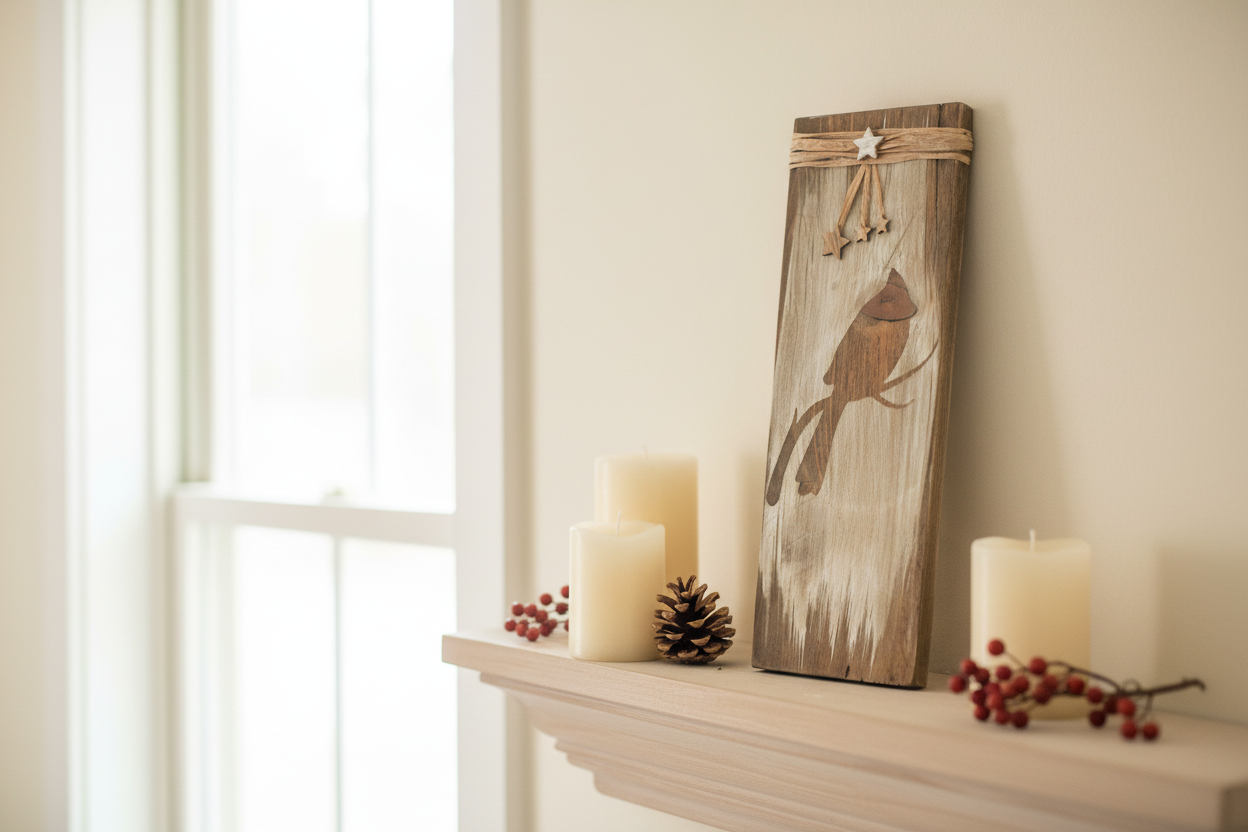 Small cardinal barn wood plank sign on bright cottage mantle with white candles pinecones and dried berries in natural daylight