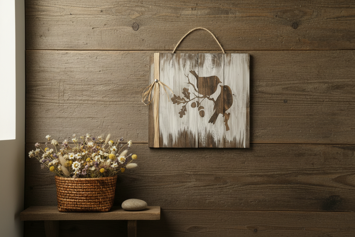 Two birds on oak branch rustic whitewashed wood sign mounted on wood-panelled cottage wall with woven basket and dried wildflowers below