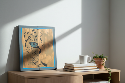Leopard eye - binder-sized on bookshelf with books and mug