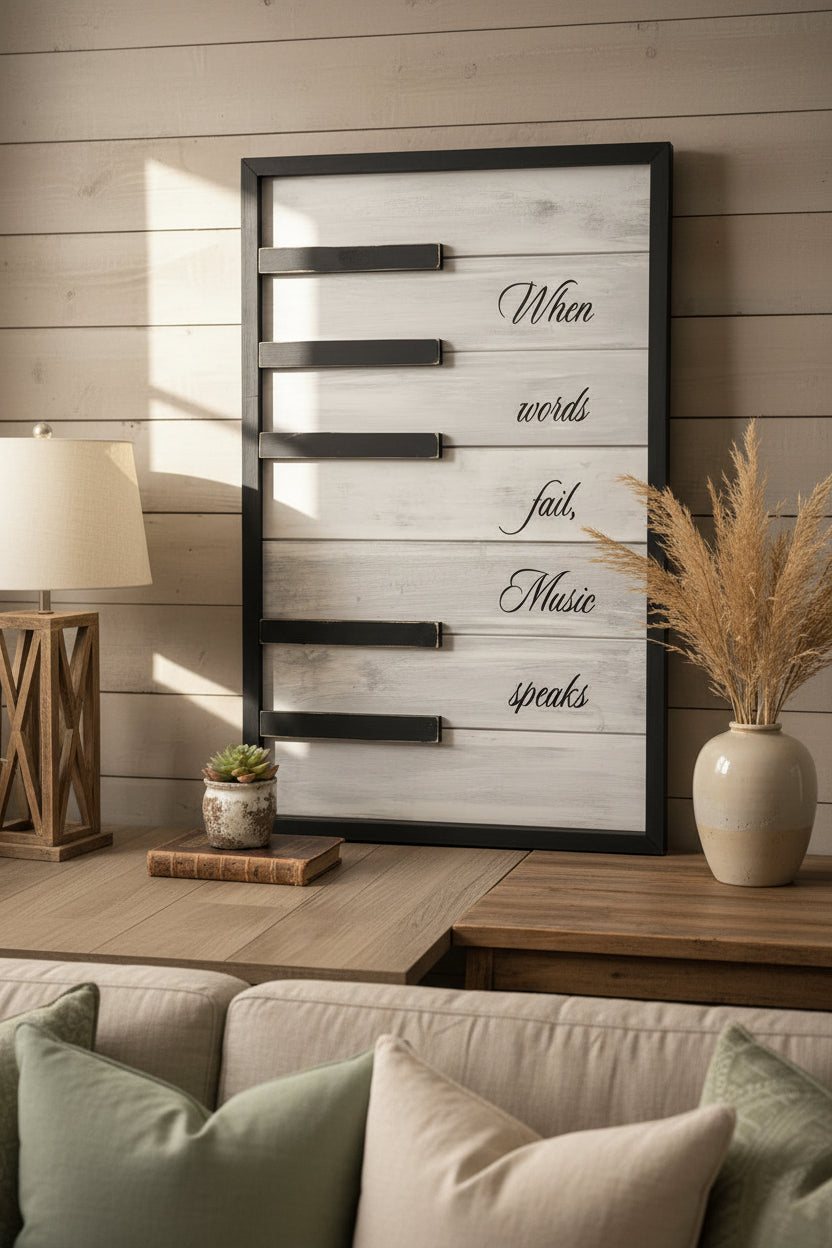 Decorative wall art with motivational quote in a living room setting