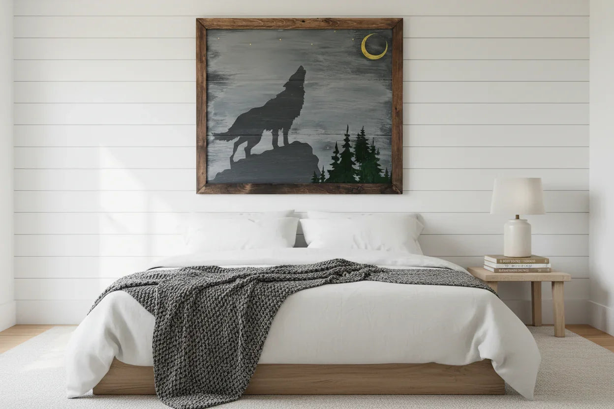 Wolf art - bright cottage bedroom